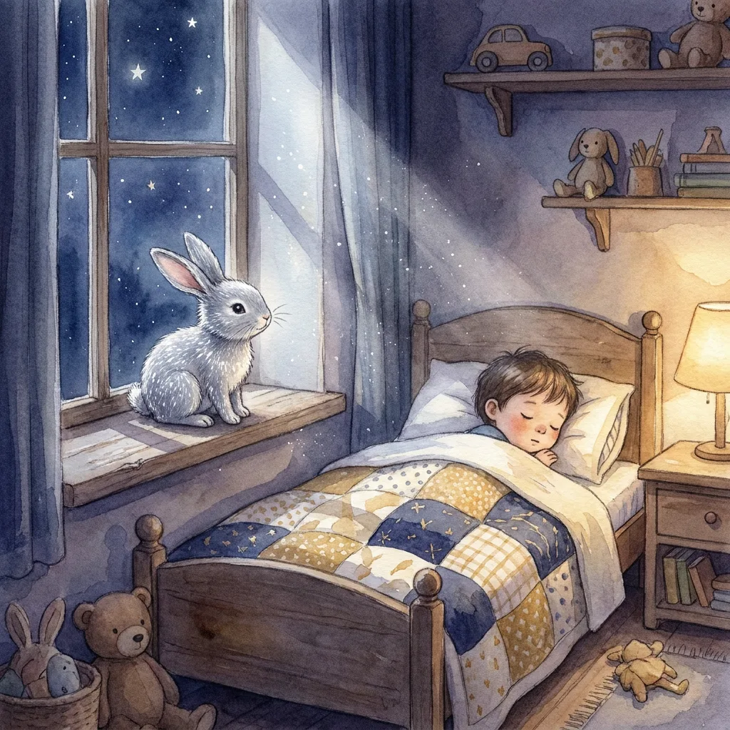 Illustration: Ein silberner Hase sitzt auf der Fensterbank im Kinderzimmer